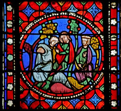 Window depicting Scene from the life of Saint Bonnet: Bonnet and his Family finding his Father who had suddenly died on the Roadside by French School